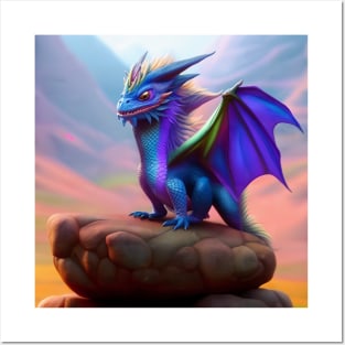 Baby Blue Winged Dragon on a Rock Posters and Art